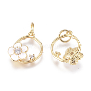 Brass Charms, with Micro Pave Cubic Zirconia, Enamel and Jump Rings, Ring with Flower, Clear & White, Golden, 14.5x11.5x3mm, Hole: 3.5mm(ZIRC-L070-91G)