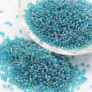 6/0 Round Glass Seed Beads, Grade A, Transparent Colours Rainbow, Sky Blue, 3.6~4.0mm, Hole: 1.2mm, about 5000pcs/pound(SEED-J011-F6-179)