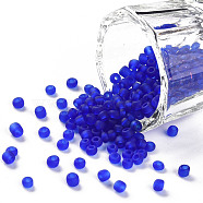 Glass Seed Beads, Frosted Colors, Round, Blue, Size: about 3mm in diameter, hole:1mm, about 2222pcs/100g(X1-SEED-A008-3mm-M8)