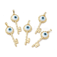 Handmade Evil Eye Lampwork Pendants, with Rack Plating Real 18K Gold Plated Brass Findings, Long-Lasting Plated, Flower Key with Heart, White, 33x12x3.5mm, Hole: 4x7mm(LAMP-G157-03G-07)
