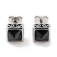Square 316 Surgical Stainless Steel Pave Black Cubic Zirconia Stud Earrings for Women Men, Antique Silver, 8x8mm(EJEW-Z050-15AS)