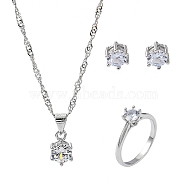 Brass Jewelry Set, Pendants Necklaces & Stud Earrings & Ring, with Cubic Zirconia, Clear, Platinum, US Size 10(19.8mm)(SJEW-BB52724-E)
