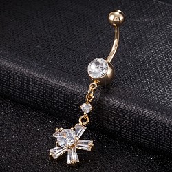 Piercing Jewelry, Brass Cubic Zirconia Navel Ring, Belly Rings, with Surgical Stainless Steel Bar, Cadmium Free & Lead Free, Real 18K Gold Plated, Flower, Clear, 49x14mm, Bar: 15 Gauge(1.5mm), Bar Length: 3/8"(10mm)(AJEW-EE0003-23)