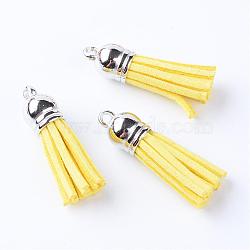 Faux Suede Tassel Pendant Decorations, with CCB Plastic Cord Ends, Platinum, Yellow, 35~37x10mm, Hole: 1.8mm(FIND-T002-A17)