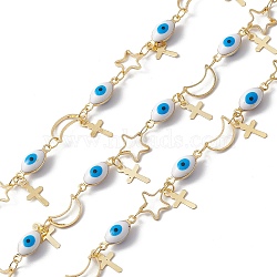 Enamel Horse Eye & Star & Moon Link Chains, with Brass Cross Chamrs, Real 18K Gold Plated, Soldered, with Spools, Deep Sky Blue, 13x5x4.5mm, 8.5x8.5x0.8mm, 10x6x0.8mm(CHC-C003-26G-02)