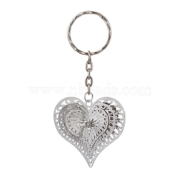 Brass Pendant Keychain, with Iron Split Key Rings, Platinum, Heart, 8.9cm(KEYC-JKC00725-02)