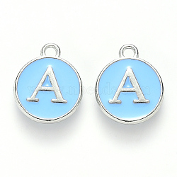 Platinum Plated Alloy Enamel Charms, Cadmium Free & Lead Free, Enamelled Sequins, Flat Round with Letter, Sky Blue, Letter.A, 14x12x2mm, Hole: 1.5mm(ENAM-S118-04A-P)