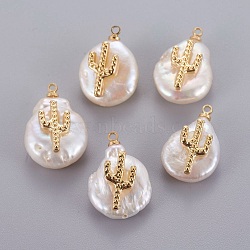 Natural Cultured Freshwater Pearl Pendants, with Brass Cabochons, Nuggets with Cactus, Golden, 14~28x12~22x5~12mm, Hole: 1.2mm(PEAR-J004-29G)