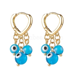 Evil Eye Lampwork Round Beads Dangle Hoop Earrings, Brass Heart Earrings for Girl Women, Golden, Deep Sky Blue, 31x15mm, Pin: 1mm(EJEW-JE04826-04)