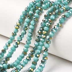 Electroplate Opaque Glass Beads Strands, Half Green Plated, Faceted, Rondelle, Turquoise, 4x3mm, Hole: 0.4mm, about 145pcs/strand, 18.9 inch(48cm)(X-EGLA-A034-P4mm-S15)