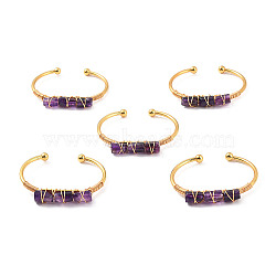 Natural Amethyst Triple Column Beaded Open Cuff Bangle, Wire Wrape Brass Jewelry for Women, Golden, Inner Diameter: 2-1/8 inch(5.45~5.55cm)(BJEW-E377-01G-03)