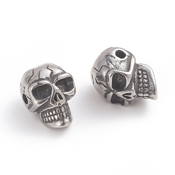 Halloween 304 Stainless Steel Beads, Skull Head, Antique Silver, 13.8x9.5x9mm, Hole: 1.8mm