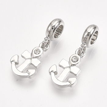 Alloy European Dangle Charms, with Rhinestone, Large Hole Pendants, Anchor, Crystal, Platinum, 27mm, Hole: 4mm