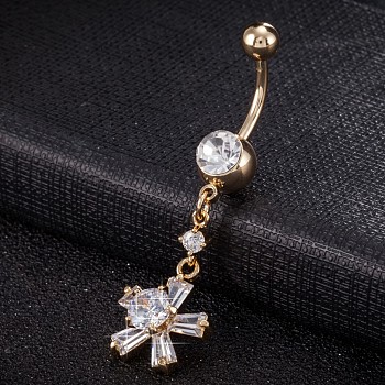 Piercing Jewelry, Brass Cubic Zirconia Navel Ring, Belly Rings, with Surgical Stainless Steel Bar, Cadmium Free & Lead Free, Real 18K Gold Plated, Flower, Clear, 49x14mm, Bar: 15 Gauge(1.5mm), Bar Length: 3/8"(10mm)