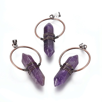 Natural Amethyst Wire Wrapped Pointed Big Pendants, Double Terminated Pointed, with Brass Findings, Bullet, Red Copper, 53~55x30~32x11.5mm, Hole: 7.5x4mm