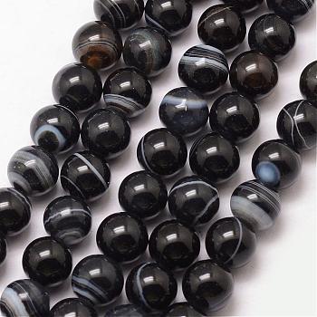 Natural Striped Agate/Banded Agate Bead Strands, Round, Grade A, Dyed & Heated, Black, 12mm, Hole: 1mm, about 32pcs/strand, 15 inch