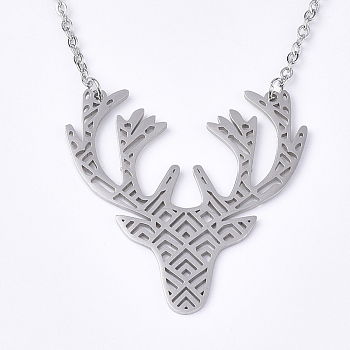 201 Stainless Steel Pendant Necklaces, with Cable Chains, Christmas Reindeer/Stag, Stainless Steel Color, 17.7 inch(45cm), 2mm, Reindeer: 39x38x1mm