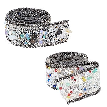 Hotfix Resin Rhinestone Tape, Iron on Patches, with Iron Curb Chain, Rhinestone Trimming, Costume Accessories, Gunmetal, 25x2~4mm, 50cm/strand, 2 strands/set