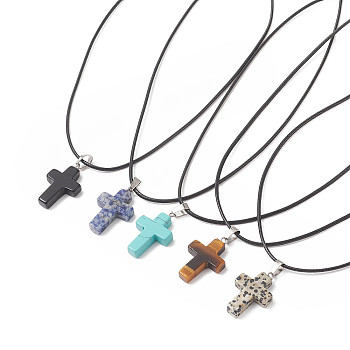 5Pcs 5 Style Natural & Synthetic Mixed Gemstone Cross Pendant Necklaces Set with Waxed Cord for Women, 17.72 inch(45cm), 1Pc/style