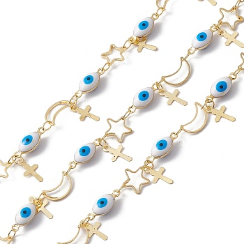 Enamel Horse Eye & Star & Moon Link Chains, with Brass Cross Chamrs, Real 18K Gold Plated, Soldered, with Spools, Deep Sky Blue, 13x5x4.5mm, 8.5x8.5x0.8mm, 10x6x0.8mm