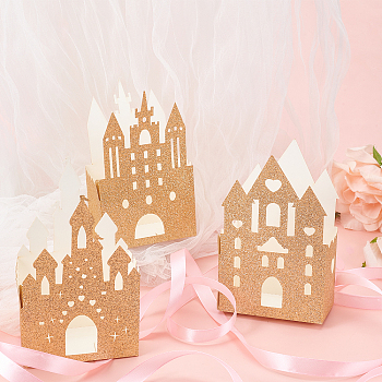 Castle Shape Paper Glitter Candy Boxes, for Wedding Party Gift Box, Gold, 8.9x5x14.7cm, 12pcs/set