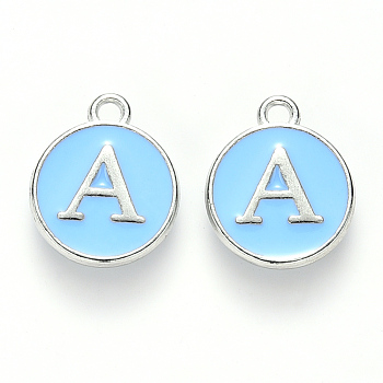 Platinum Plated Alloy Enamel Charms, Cadmium Free & Lead Free, Enamelled Sequins, Flat Round with Letter, Sky Blue, Letter.A, 14x12x2mm, Hole: 1.5mm