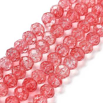 Transparent Crackle Glass Beads Strands, Rondelle, Faceted, Tomato, 6x5~5.5mm, Hole: 1mm, about 83pcs/strand, 16.50 inch(41.9cm)