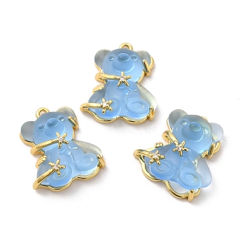 Transparent Resin Crystal Rhinestone Pendants, Bear Charms, with Rack Plating Real 14K Gold Plated Brass Findings, Long-Lasting Plated, Cadmium Free & Lead Free, Deep Sky Blue, 23.5x20.5x8mm, Hole: 1.5mm