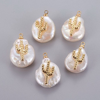 Natural Cultured Freshwater Pearl Pendants, with Brass Cabochons, Nuggets with Cactus, Golden, 14~28x12~22x5~12mm, Hole: 1.2mm