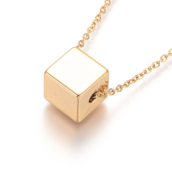 304 Stainless Steel Pendant Necklaces, with Cable Chains and Lobster Claw Clasps, Cube, Golden, 17.6 inch(44.8cm), 1.5mm