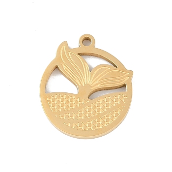 Ion Plating(IP) 304 Stainless Steel Pendants, Flat Round with Fishtail Charm, Golden, 16x14x1.5mm, Hole: 1.2mm