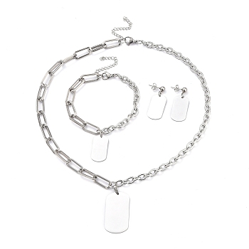 304 Stainless Steel Paperclip Chains & Cable Chain Jewelry Sets, Dangle Earrings & Pendant Necklaces & Charm Bracelets, Oval, Stainless Steel Color, 18-3/4 inch(47.7cm), 8 inch(20.3cm), 34.5mm, Pin: 0.6mm
