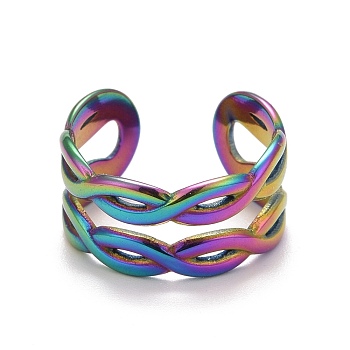 Rainbow Color Ion Plating(IP) 304 Stainless Steel Hollow Chunky Open Cuff Ring for Women, US Size 8 1/2(18.5mm)