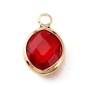 Faceted Glass Pendants, July Birthstone Charms, with Brass Cabochon Settings, Oval, Golden, Red, 13x8x4mm, Hole: 1.6mm