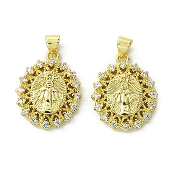 Brass Micro Pave Cubic Zirconia Pendants, Real 18K Gold Plated, Oval, 23x18x3.5mm, Hole: 4x3mm