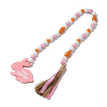 Wood Beaded Garland Hanging Ornament, with Wood Rabbit and Tassels for Easter Decorations, Pearl Pink, 780mm