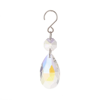 Glass Pendant Decorations, with Stainless Steel S-Hook, Teardrop, Clear, 82mm