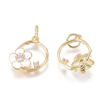 Brass Charms, with Micro Pave Cubic Zirconia, Enamel and Jump Rings, Ring with Flower, Clear & White, Golden, 14.5x11.5x3mm, Hole: 3.5mm