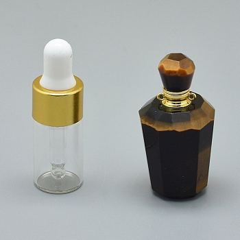 Faceted Natural Tiger Eye Openable Perfume Bottle Pendants, with Brass Findings and Glass Essential Oil Bottles, 40~48x21~25mm, Hole: 1.2mm, Glass Bottle Capacity: 3ml(0.101 fl. oz), Gemstone Capacity: 1ml(0.03 fl. oz)