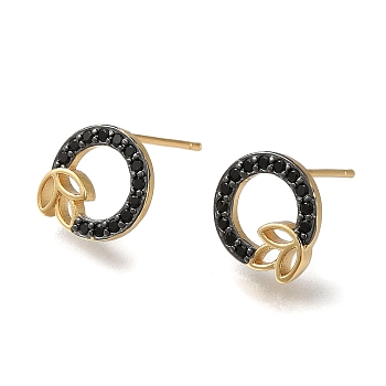 Rack Plating Brass Micro Pave Cubic Zirconia Stud Earring, Long-Lasting Plated, Cadmium Free & Lead Free, Flat Round with Leaf, Black, Real 18K Gold Plated, 11x12.5mm