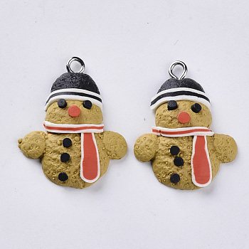 Handmade Polymer Clay Pendants, with Platinum Plated Iron Loops, Christmas Theme, Snowman, Goldenrod, 31x23~24x7mm, Hole: 2mm