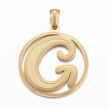 Ion Plating(IP) 304 Stainless Steel Pendants, Flat Round with Letter.G, Golden, 28x25x1.2mm, Hole: 6x3mm
