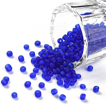 Glass Seed Beads, Frosted Colors, Round, Blue, Size: about 3mm in diameter, hole:1mm, about 2222pcs/100g