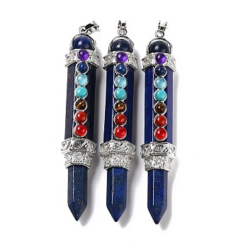 Chakra Theme Natural Lapis Lazuli Big Pendants, Dyed, Eco-Friendly Brass Finding, Platinum, Cadmium Free & Lead Free, Pen, 81.5x14.5x13mm, Hole: 7.5x5mm