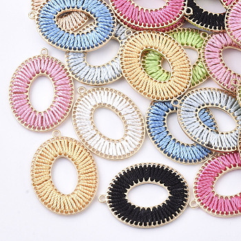 Polyester Thread Woven Pendants, with Golden Plated Alloy Findings, Long-Lasting Plated, Oval, Mixed Color, 43x32x3mm, Hole: 2mm