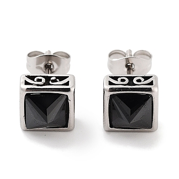 Square 316 Surgical Stainless Steel Pave Black Cubic Zirconia Stud Earrings for Women Men, Antique Silver, 8x8mm
