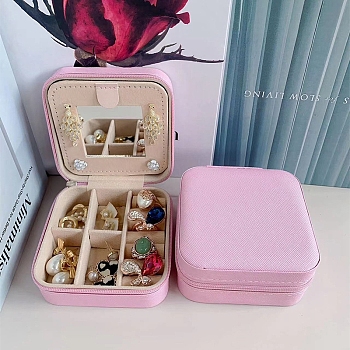Sqaure PU Leather Jewelry Box, with Mirror, Travel Portable Jewelry Case, Zipper Storage Boxes, for Necklaces, Rings, Earrings and Pendants, Pearl Pink, 10x10x5cm