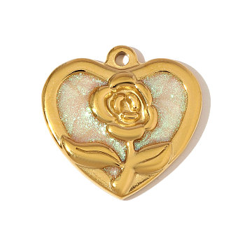 304 Stainless Steel Enamel Pendants, Heart with Flower Charms, Ion Plating(IP), Real 18K Gold Plated, 25x25mm