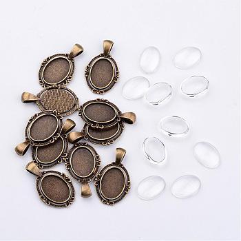 Tibetan Style Alloy Pendant Cabochon Settings, Clear Glass Cabochons, Oval, Cadmium Free & Nickel Free & Lead Free, Antique Bronze, 34x21x2.5mm, Hole: 4x7mm, Tray: 18x13mm, 10pcs/set