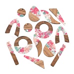Walnut Wood & Transparent Resin Pendants, Mixed Shapes Charm, Pink, 18.5~52x7.5~38x3~3.5mm, Hole: 1.8~2mm, about 14pcs/set(WD-CBA583A-17)